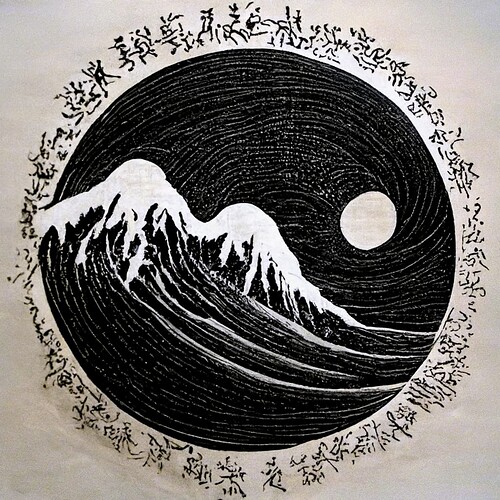 9dd81be7-d945-4759-b122-6eb469a24086 - A hyperdetailed line art Taijitu. Inside the white half left is a black surfer riding The Great Wave, on a white background. Inside the black half on the right is a white moun