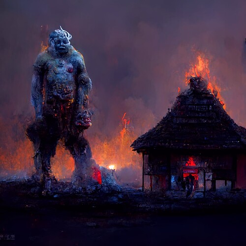 11cee267-6b5b-4578-ad3c-4d6de3ab485a_Pinky_4m_Zombie_Troll_next_to_a_10m_Temple_on_fire_in_a_Fantasy_Game_Village_8k_resolution_concept_art_Oil